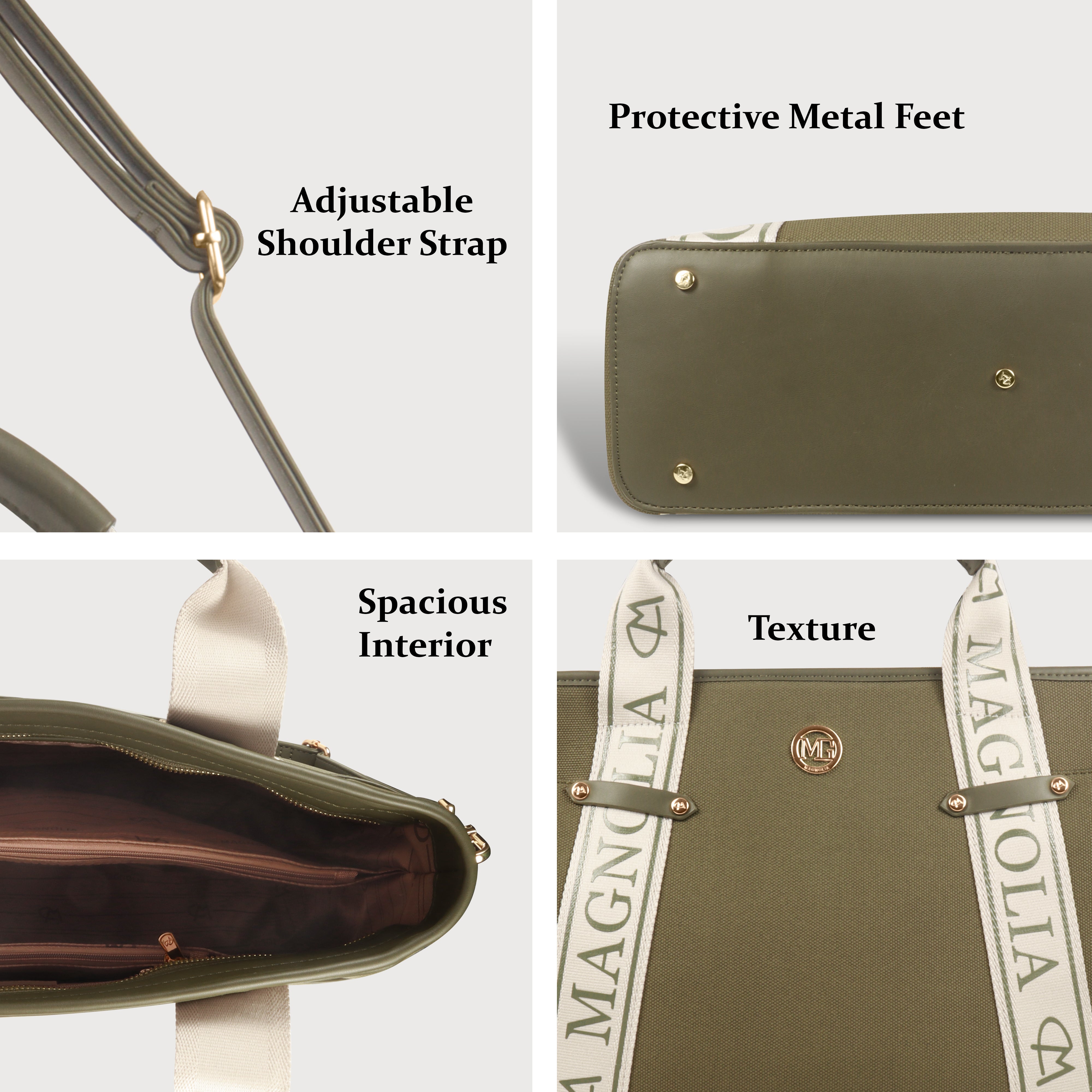 Magnolia® Vegan Leather Olive Green Handbag – 15L Spacious Tote for Everyday & Work Use
