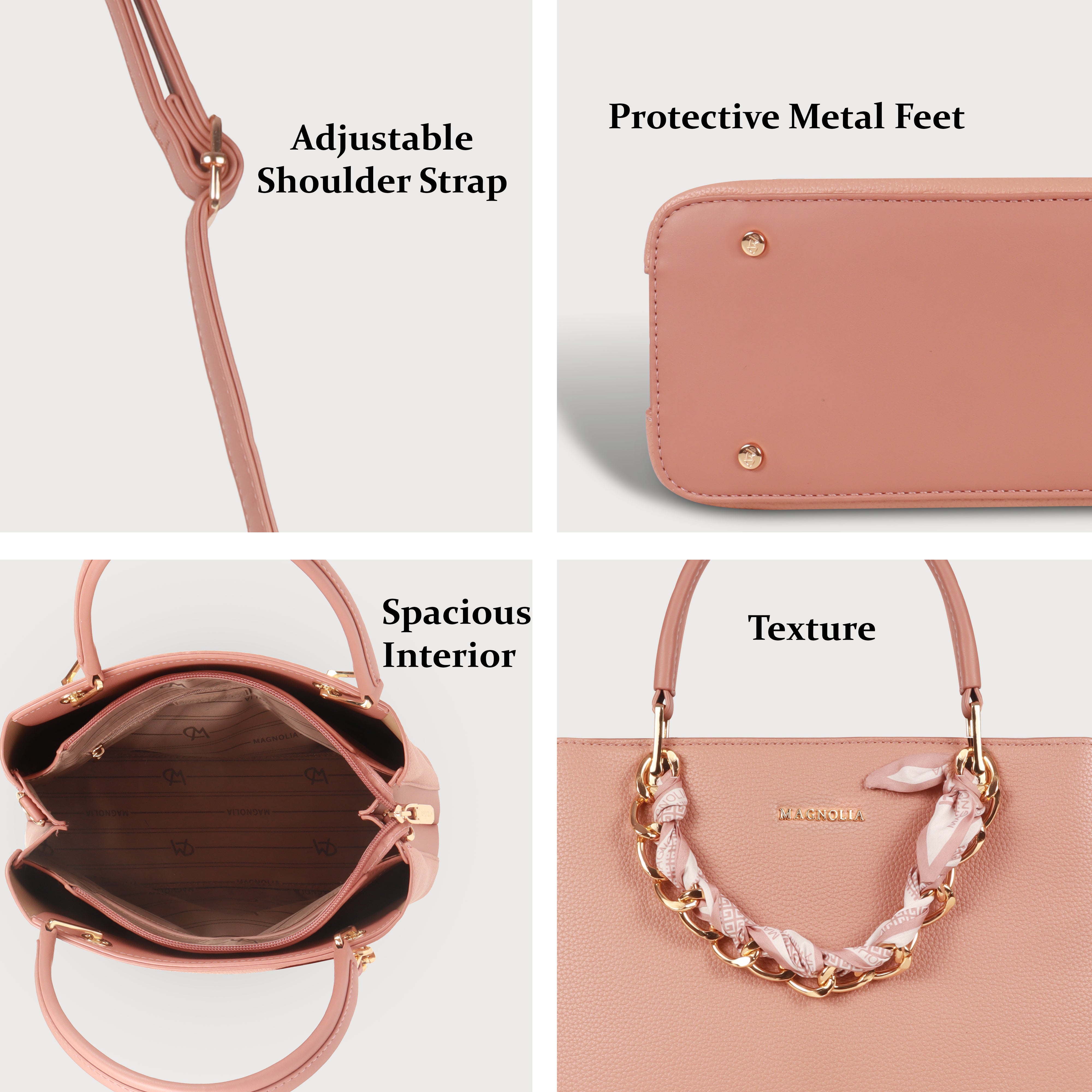 Magnolia Elegant Textured Handbag with Scarf Chain Handle – Blush Pink – Small Structured PU Leather Bag
