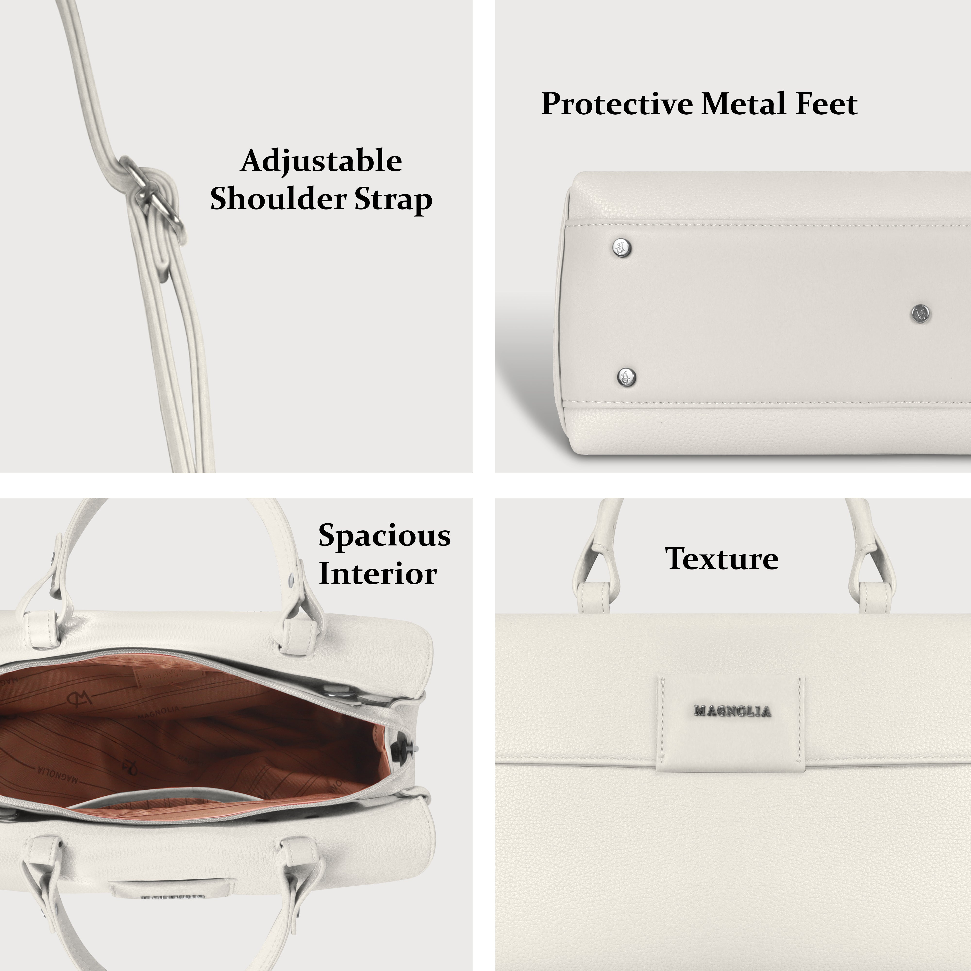 Magnolia Off-White Vegan Leather Handbag for Women | 12L Spacious Everyday & Work Bag with Long Strap