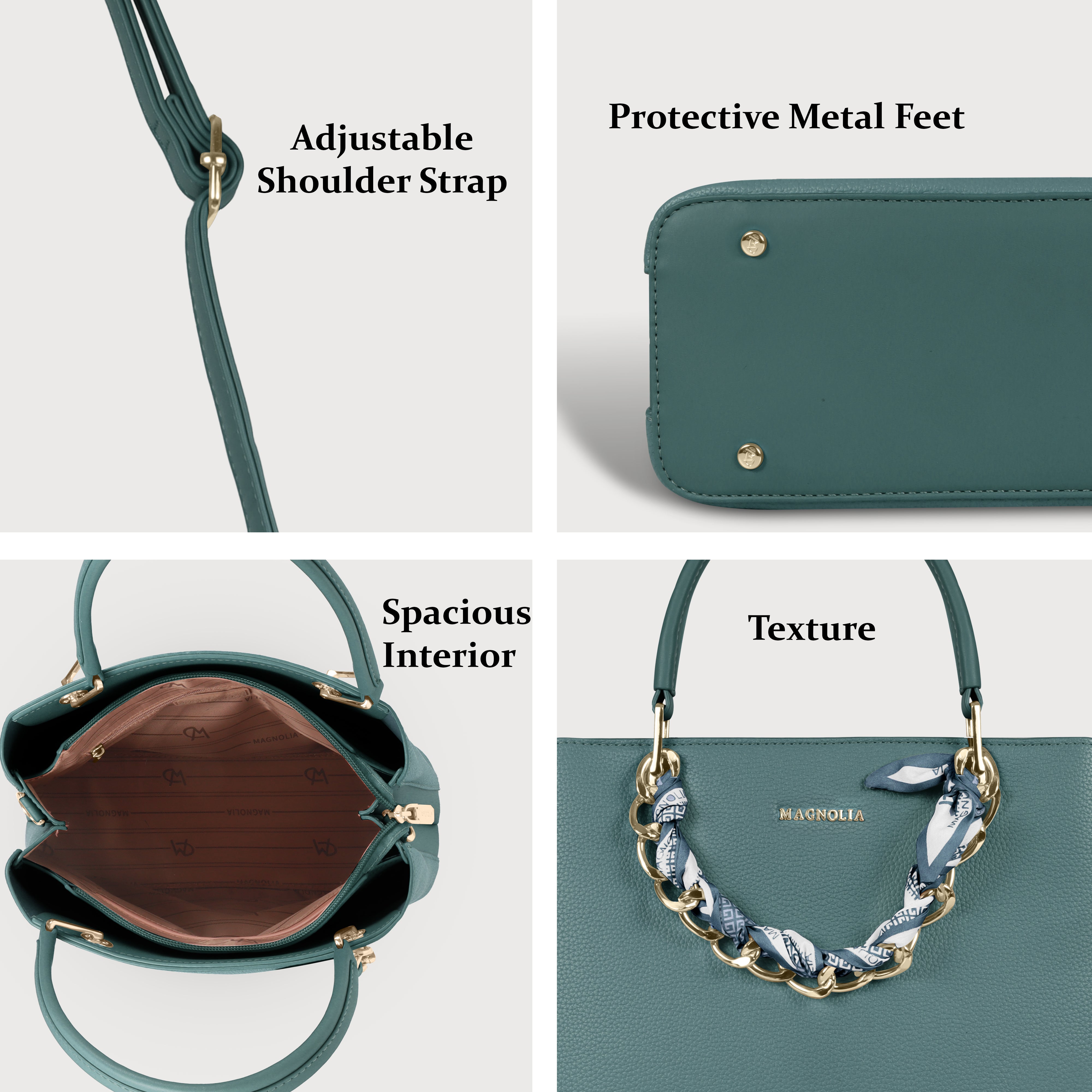 Magnolia Elegant Textured Handbag with Scarf Chain Handle – Teal Green – Small Structured PU Leather Bag