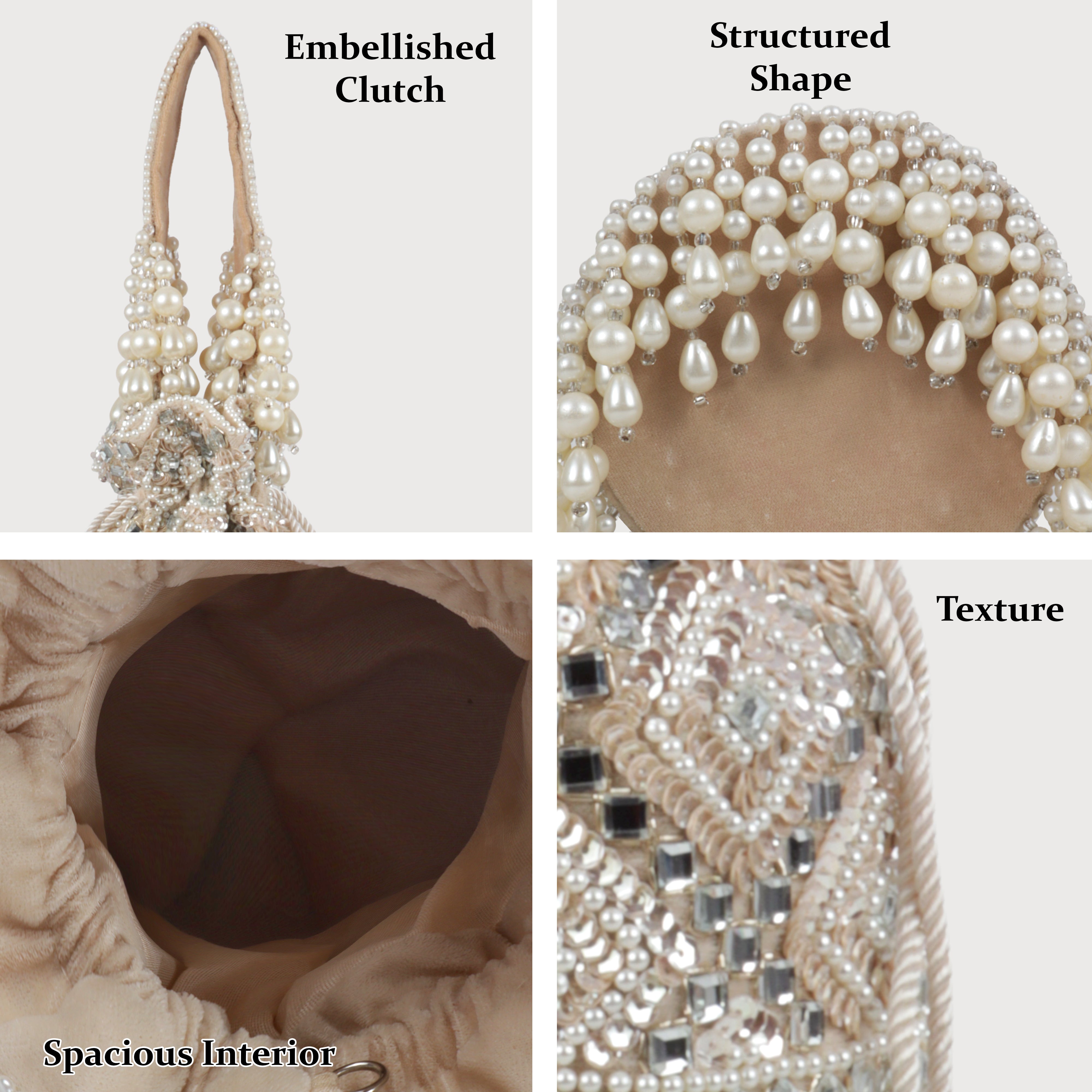 Magnolia Velvet Embroidered Potli Bag – Ivory with Silver Embroidery & Pearl Detailing