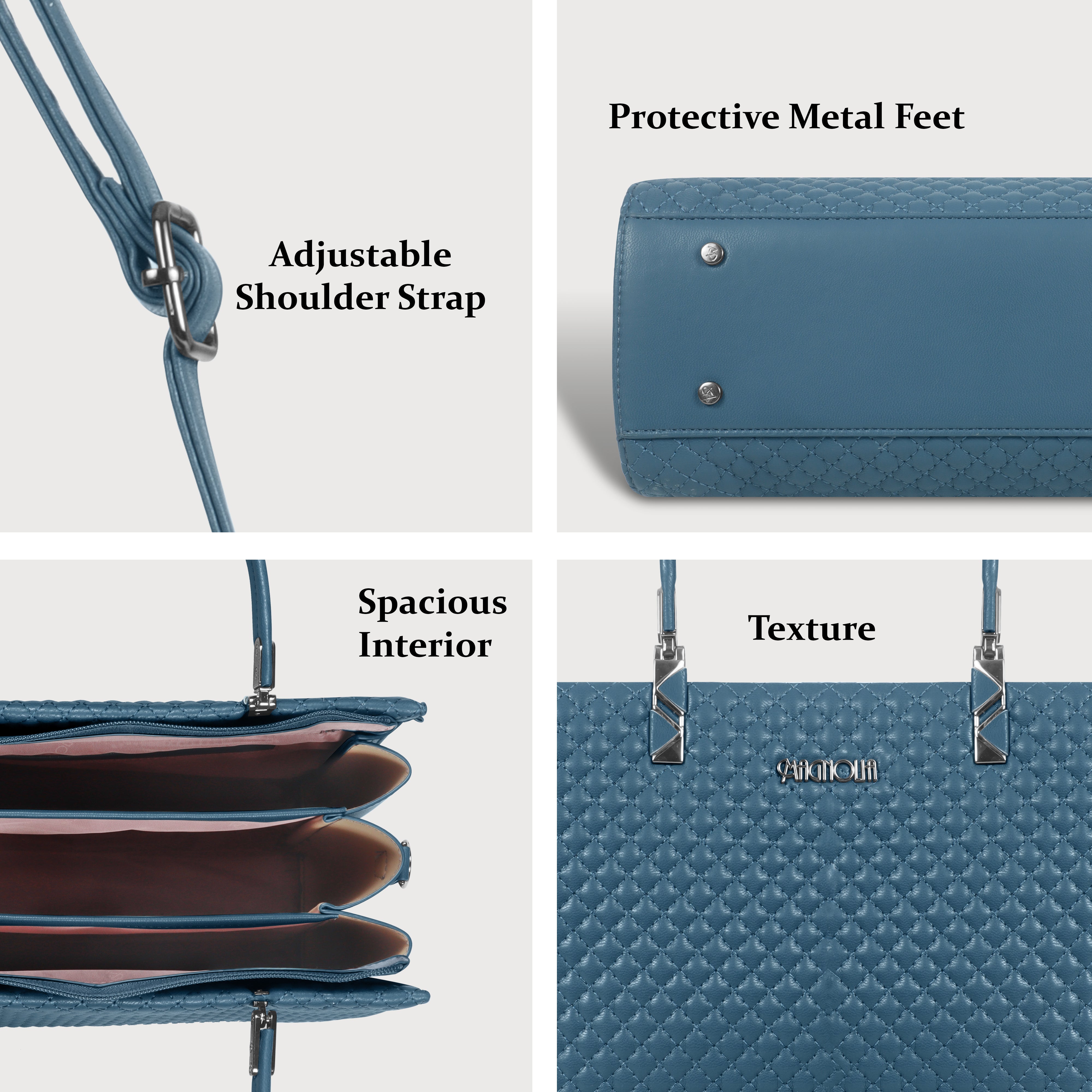 Magnolia Blue Quilted Faux Leather Handbag for Women | 10.5L Stylish Everyday & Office Use Bag with Long Strap