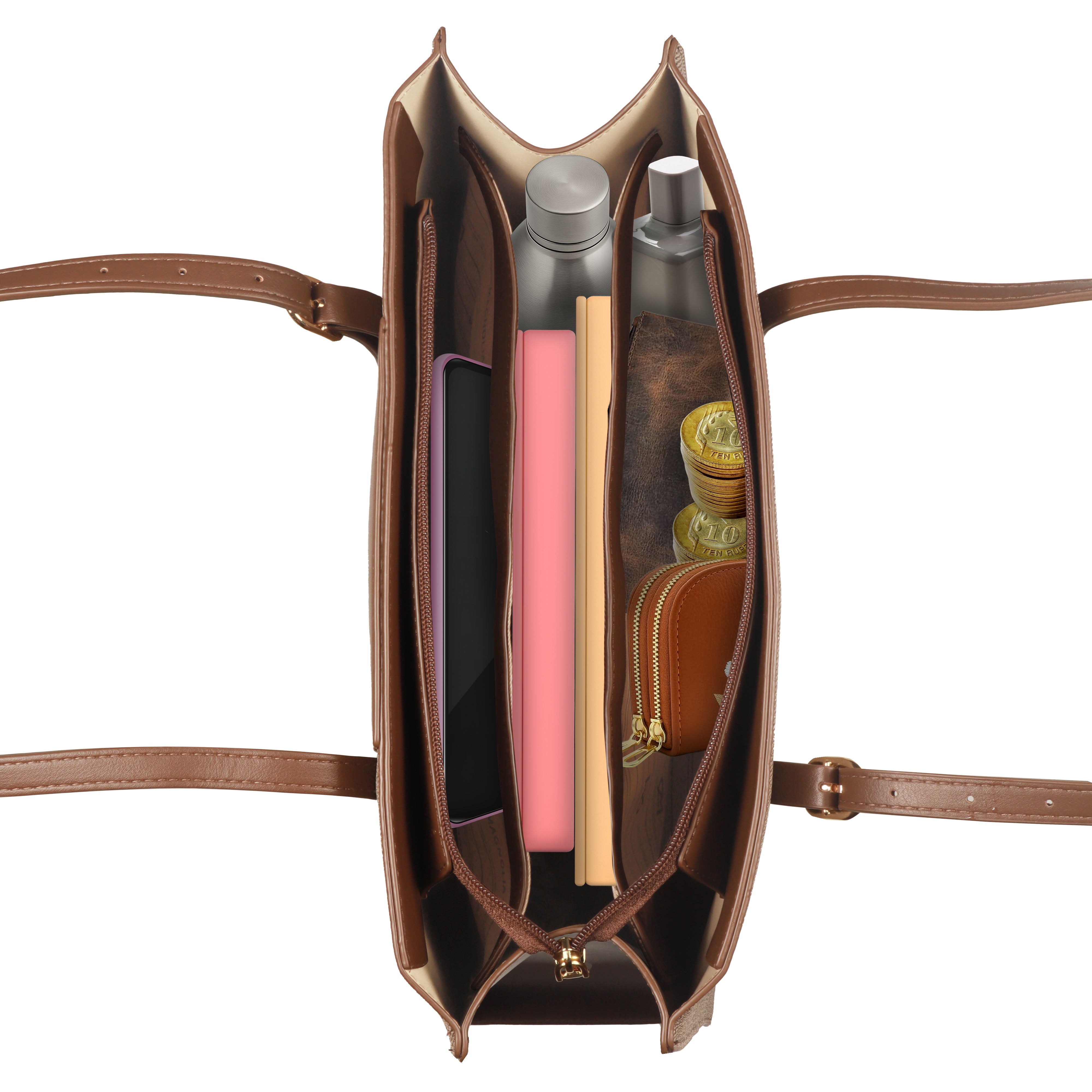 Magnolia Structured Coffee Tote Bag for Women | PU Leather & Fabric Combo | 12L Work & Everyday Handbag