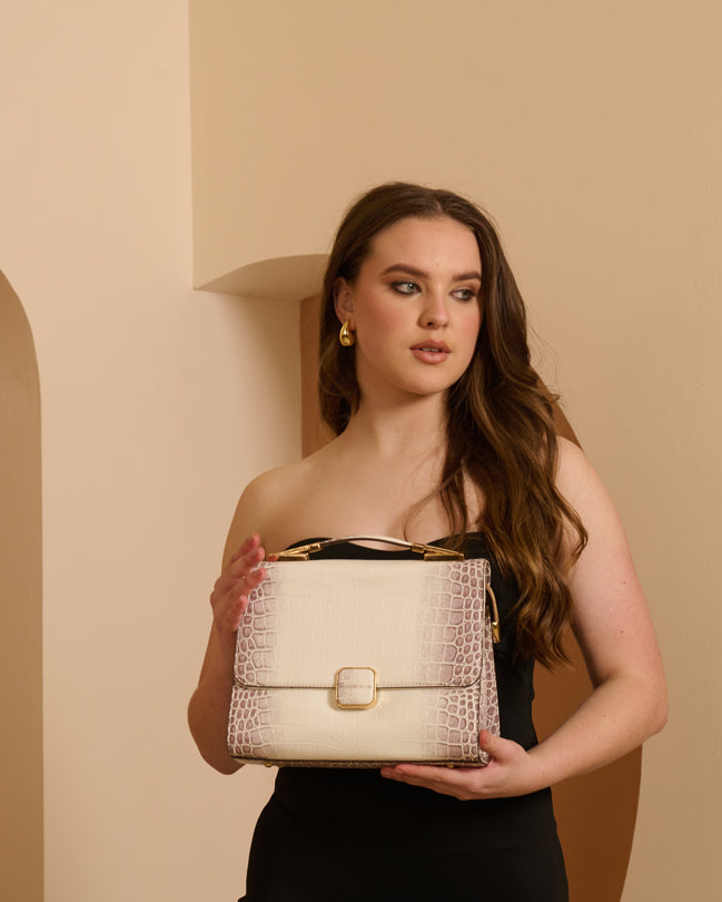 Magnolia Luxe Croco Texture Satchel – Elegant Handbag with Gold Accents