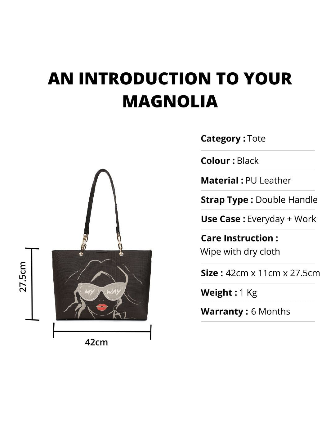 Magnolia Black PU Leather Printed One Size Women Tote