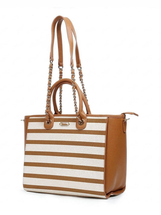 Magnolia PU Leather Women Striped Brown Tote Bag