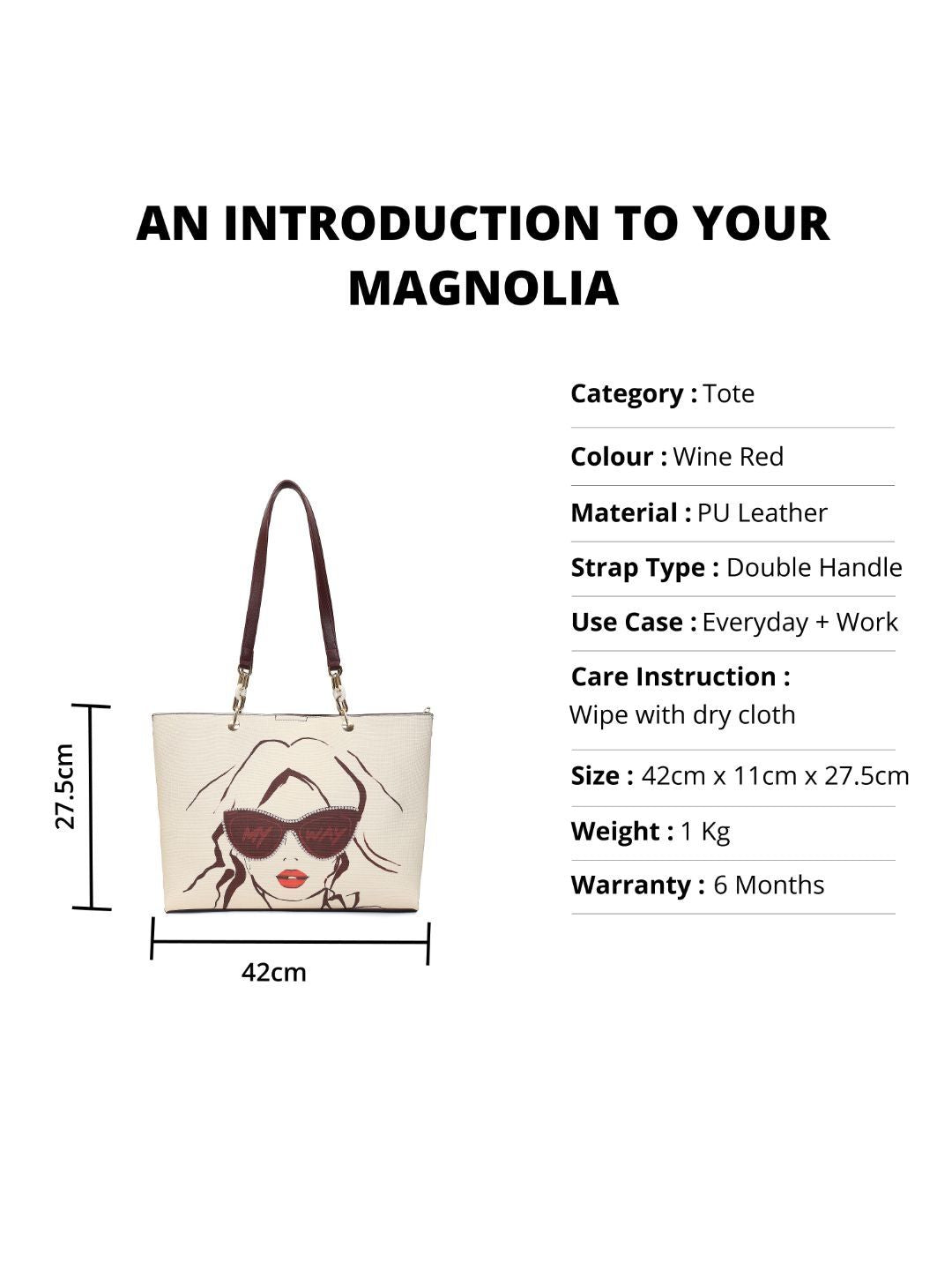 Magnolia Women Beige & Wine Printed Tote Bag
