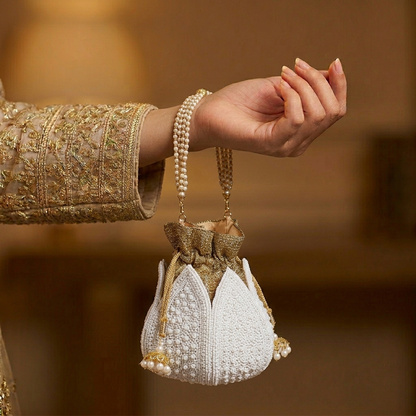 Magnolia White Jute Embroidery Women Potli