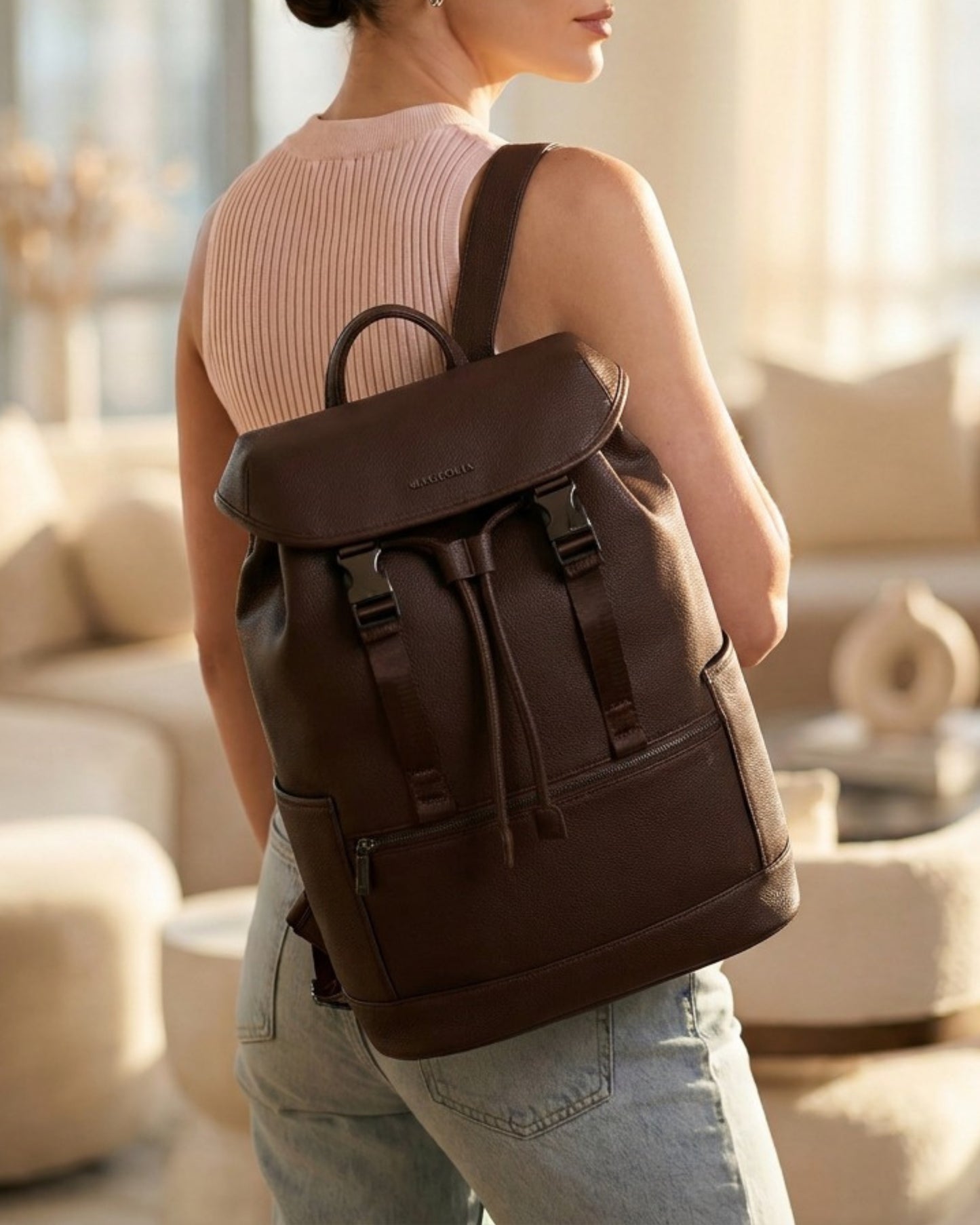 Magnolia PU Leather  Coffee Backpack