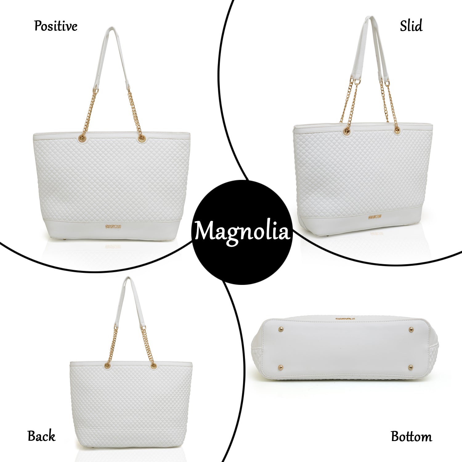 Magnolia Quilted Tote Bag with Gold Chain Straps – Elegant White