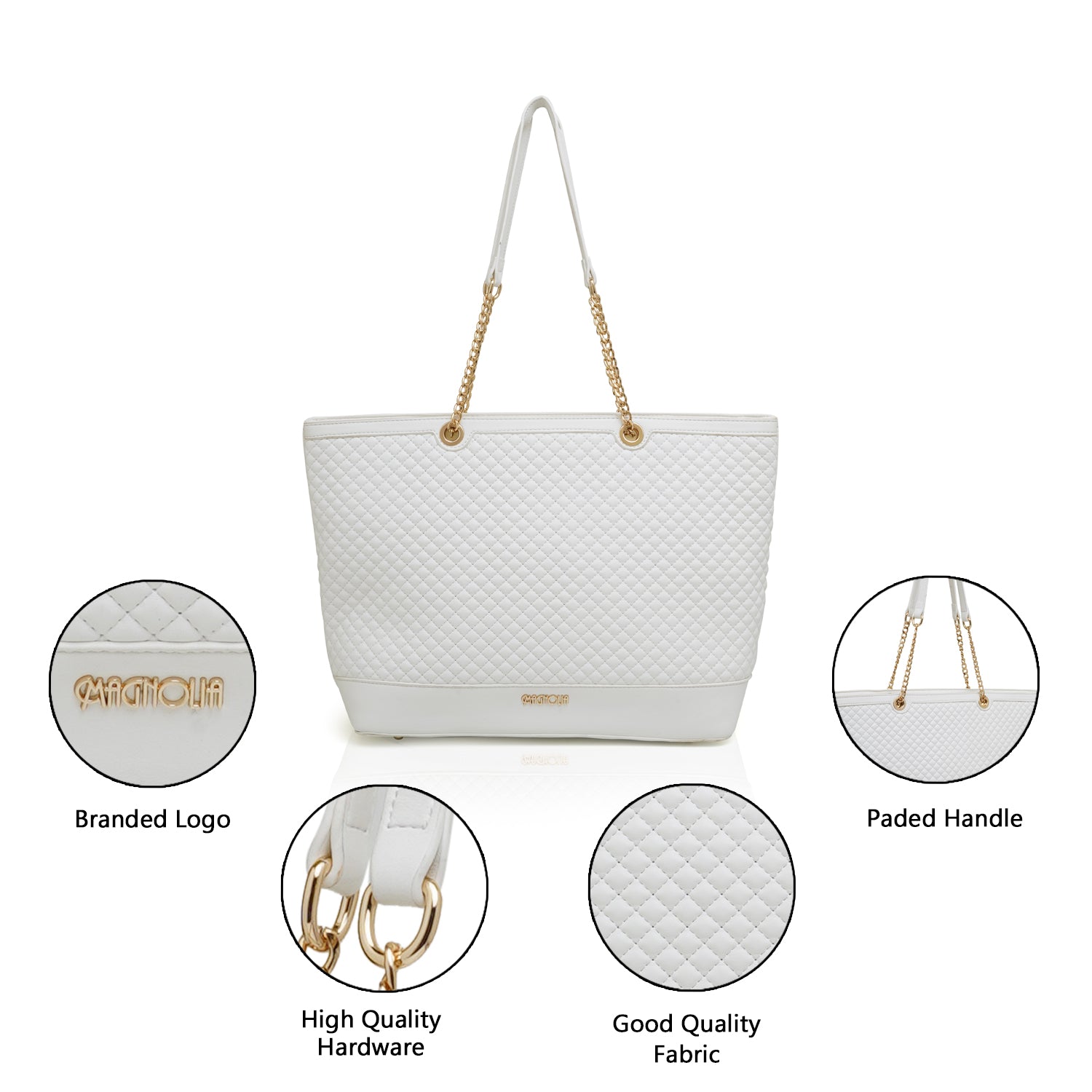 Magnolia Quilted Tote Bag with Gold Chain Straps – Elegant White