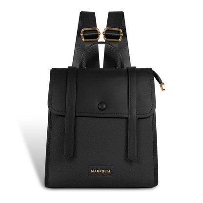 Magnolia Black Vegan Leather Backpack for Women | 10.5L Stylish Casual Daypack with Long Strap