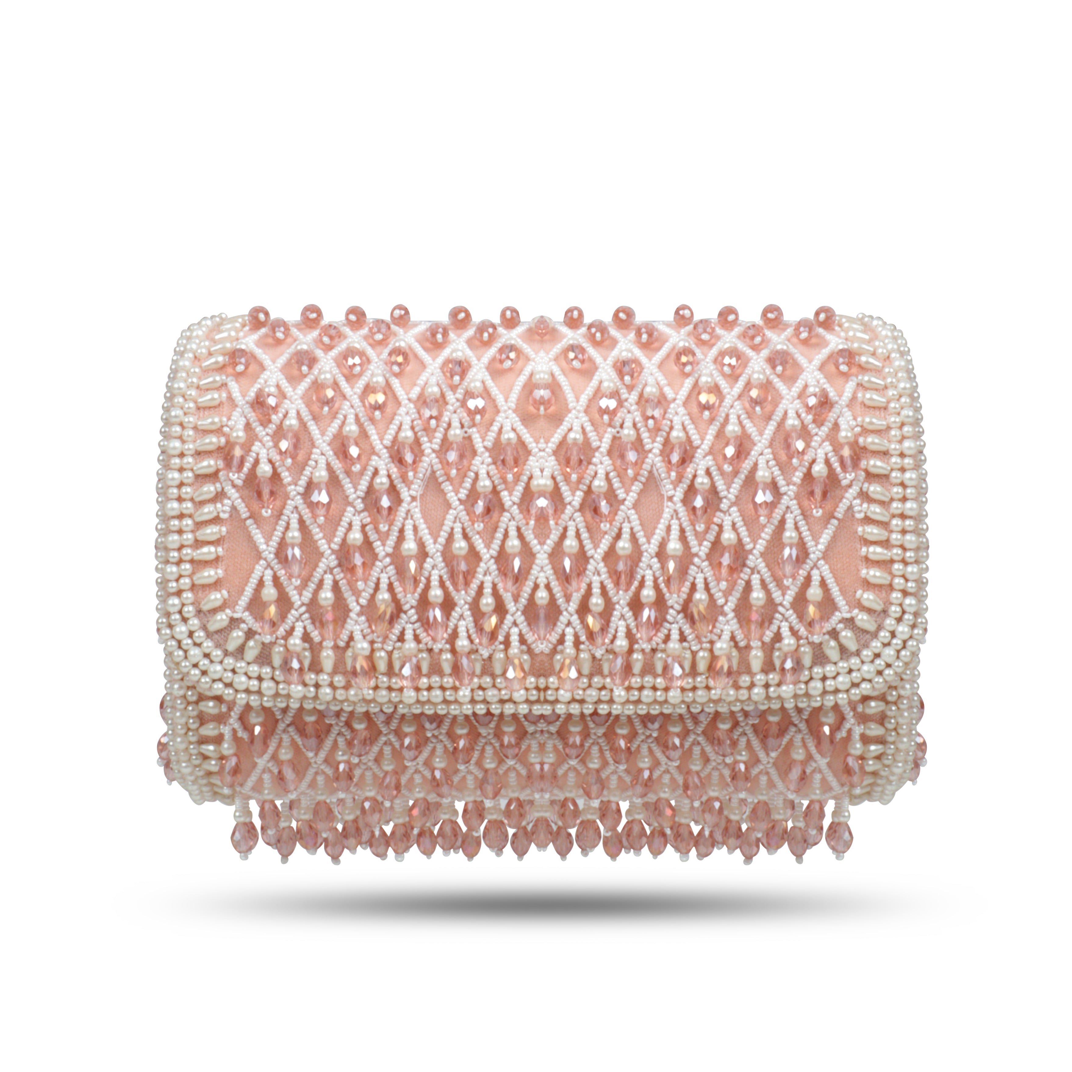 Magnolia Luxe Peach Pink Velvet Bridal & Party Clutch – Handcrafted Beaded Design, Detachable Handle, Spacious Interior