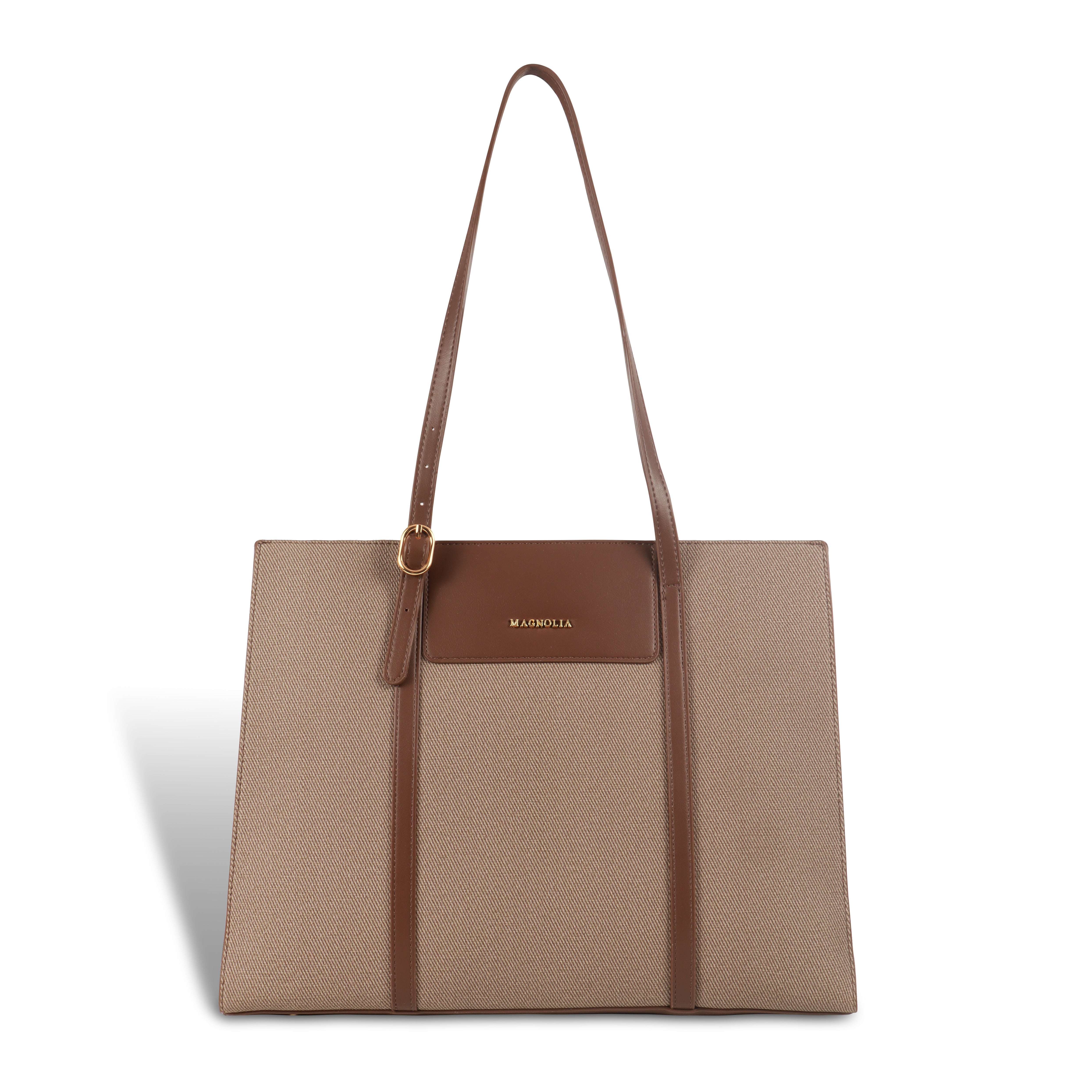 Magnolia Structured Coffee Tote Bag for Women | PU Leather & Fabric Combo | 12L Work & Everyday Handbag
