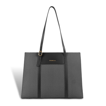 Magnolia Structured Black Tote Bag for Women | PU Leather & Fabric Combo | 12L Work & Everyday Handbag