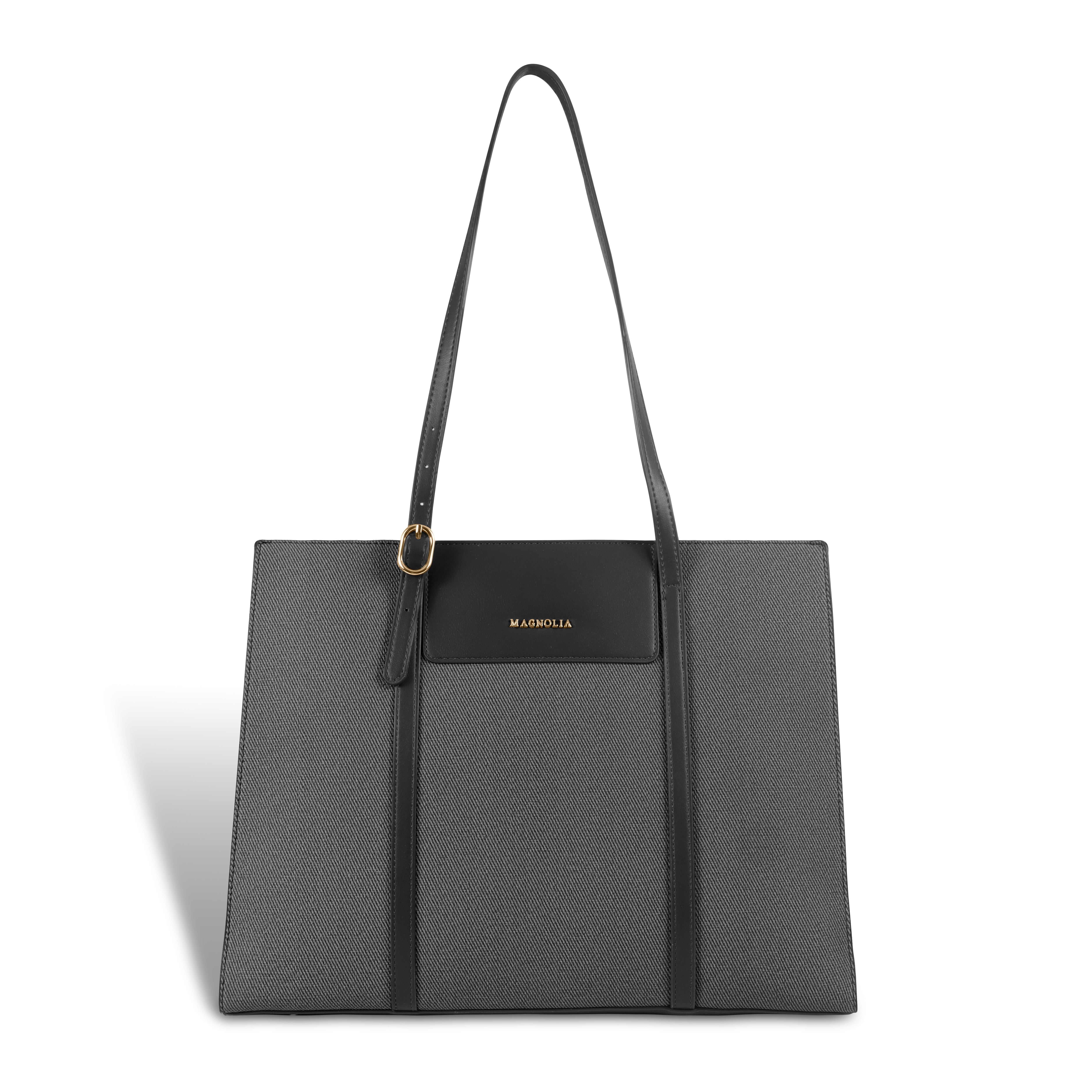 Magnolia Structured Black Tote Bag for Women | PU Leather & Fabric Combo | 12L Work & Everyday Handbag