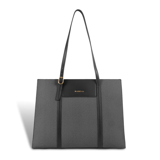 Magnolia Structured Black Tote Bag for Women | PU Leather & Fabric Combo | 12L Work & Everyday Handbag