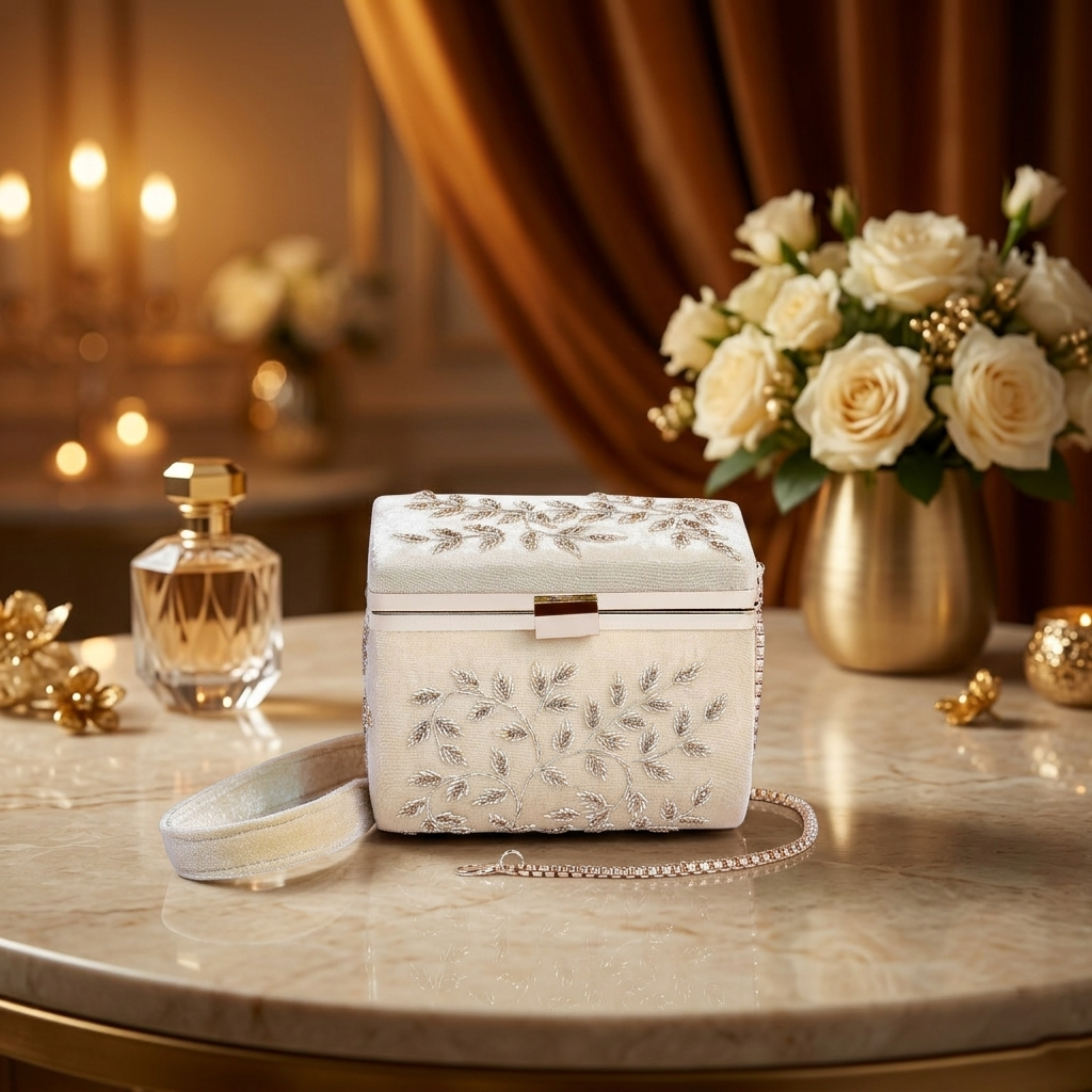 Magnolia Off white Velvet Embroidery Women Clutch