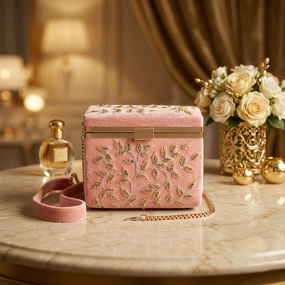 Magnolia Pink Velvet Embroidery Women Clutch