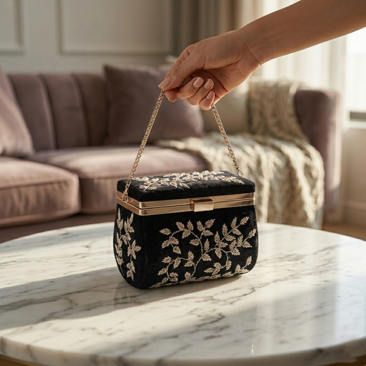 Magnolia Black Velvet Embroidery Women Clutch