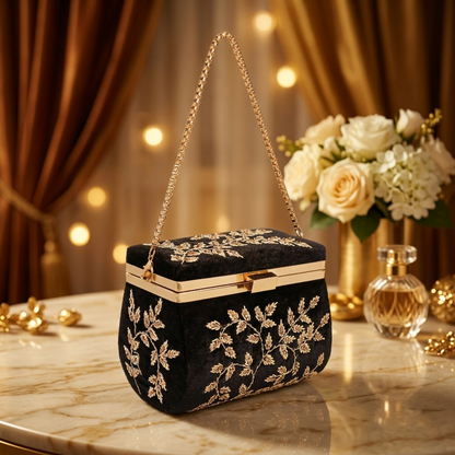 Magnolia Black Velvet Embroidery Women Clutch