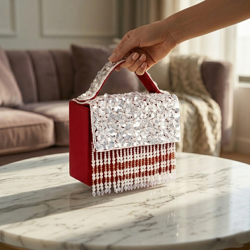 Magnolia Maroon Velvet Embroidery Women Clutch