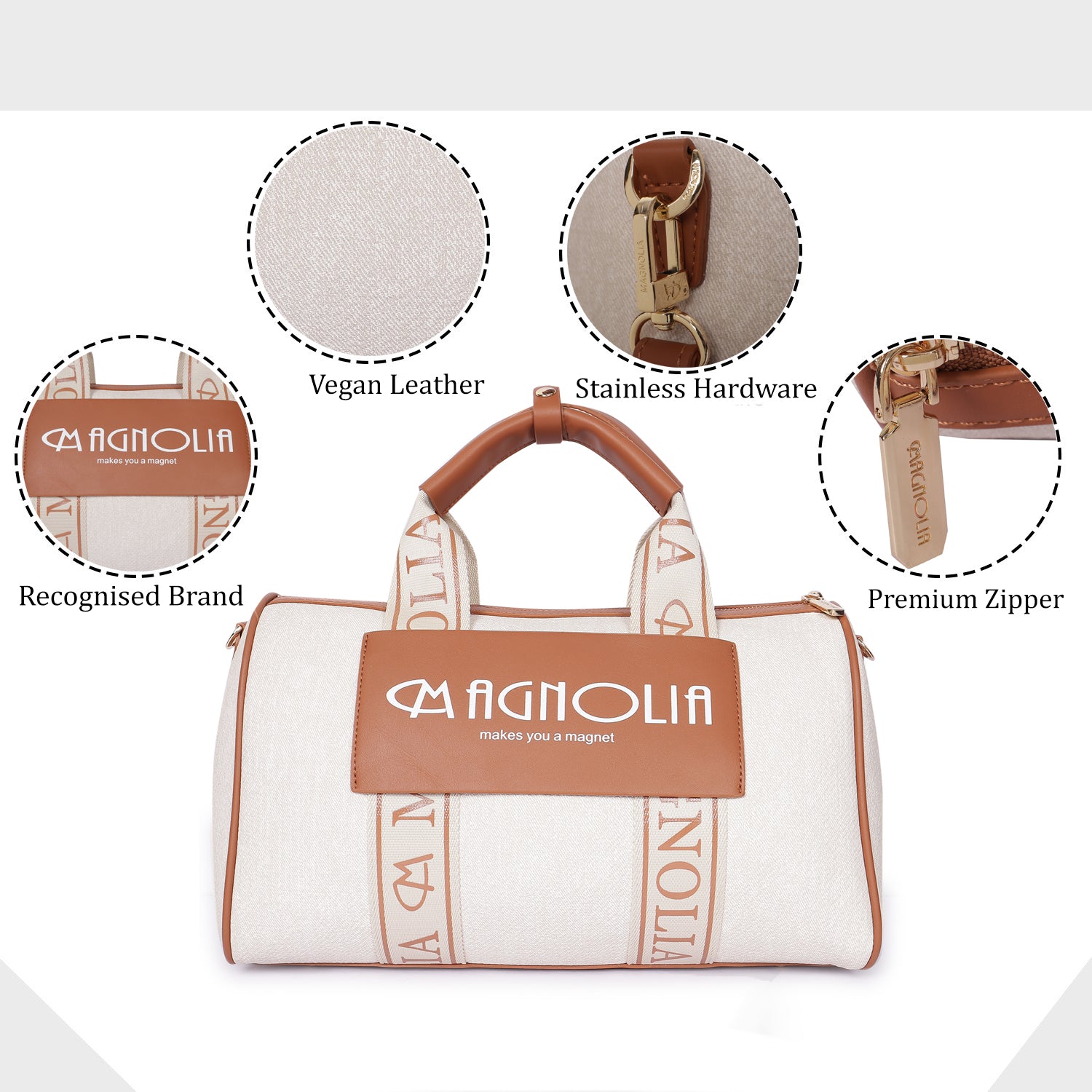 Magnolia Signature Barrel Duffle White & Caramel Brown