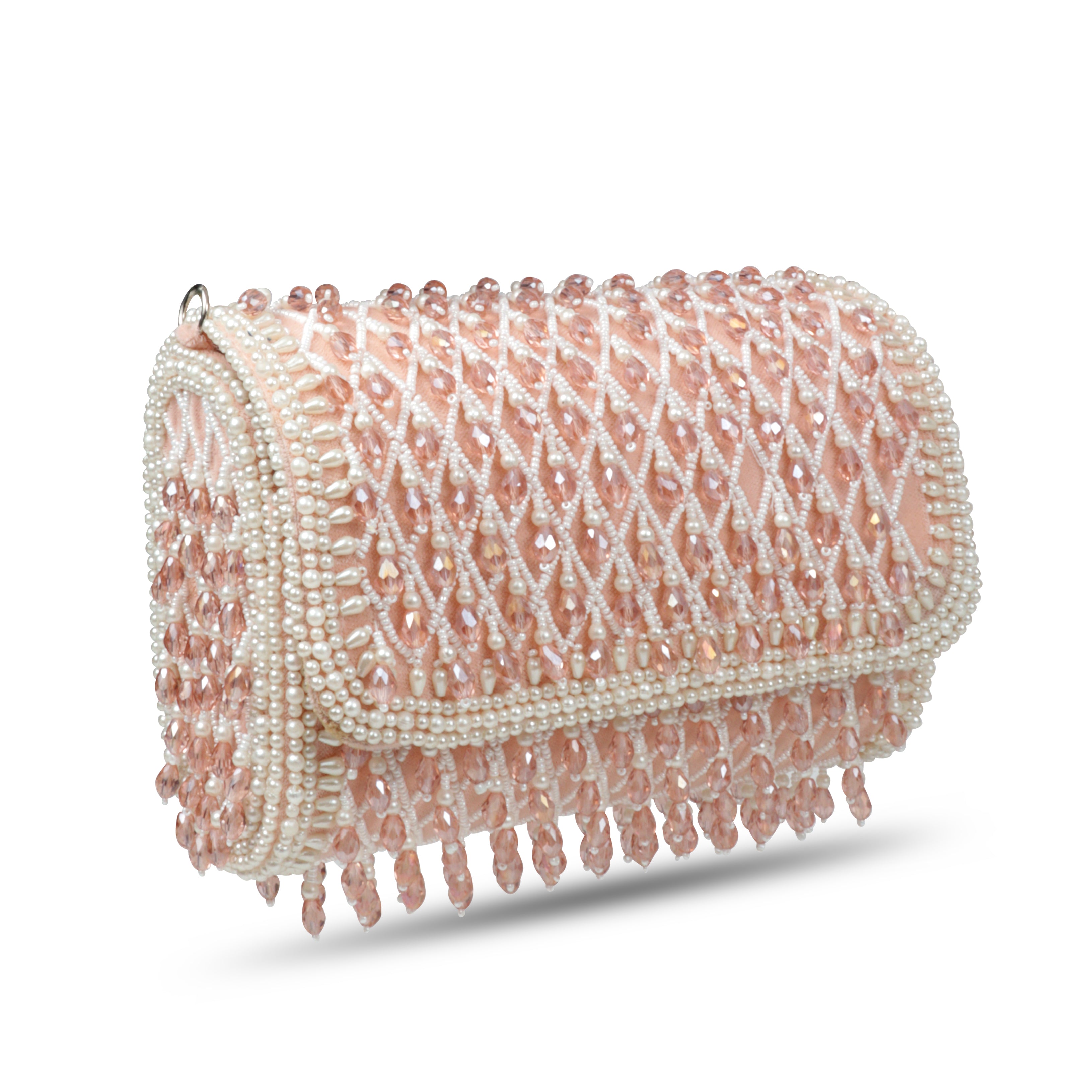 Magnolia Luxe Peach Pink Velvet Bridal & Party Clutch – Handcrafted Beaded Design, Detachable Handle, Spacious Interior