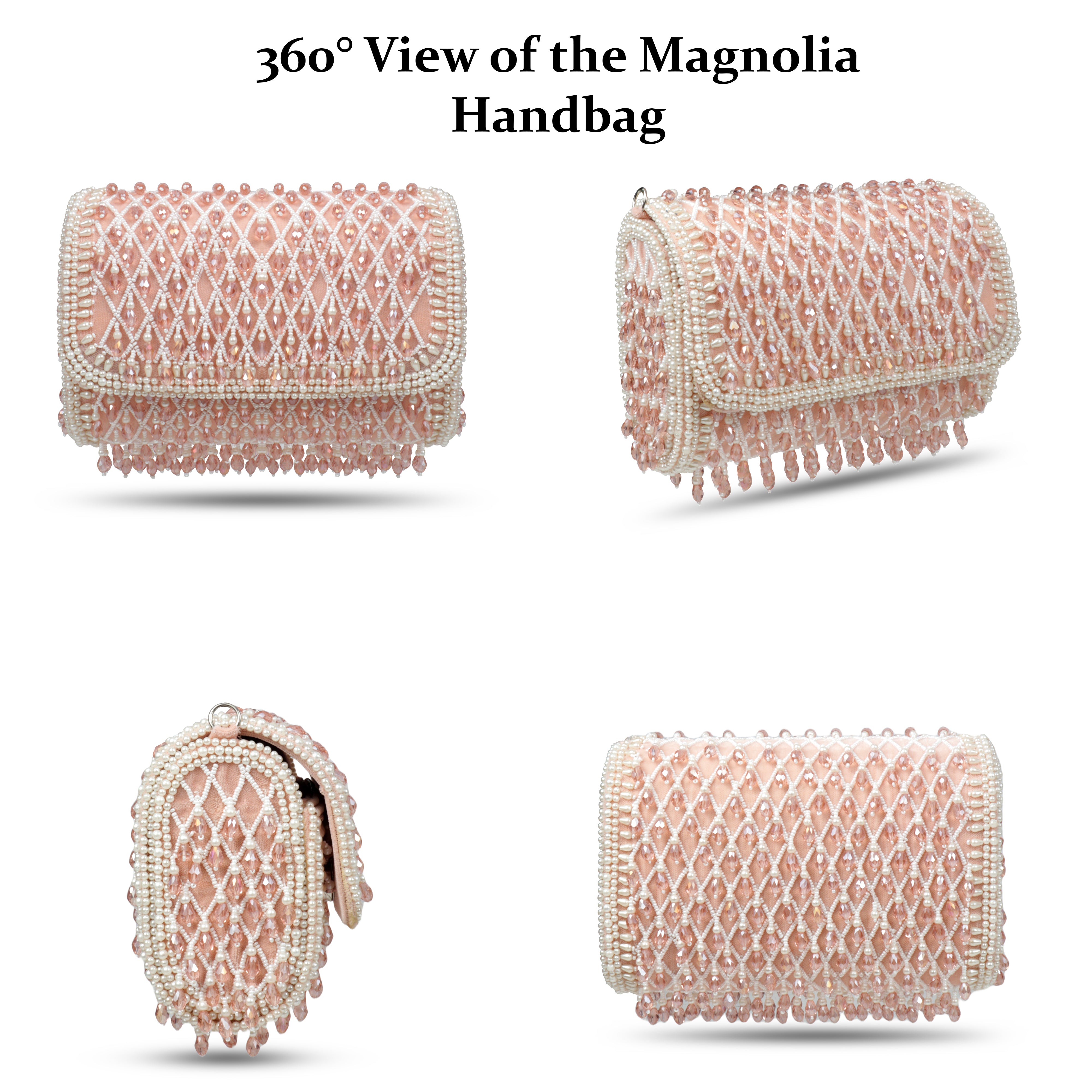 Magnolia Luxe Peach Pink Velvet Bridal & Party Clutch – Handcrafted Beaded Design, Detachable Handle, Spacious Interior