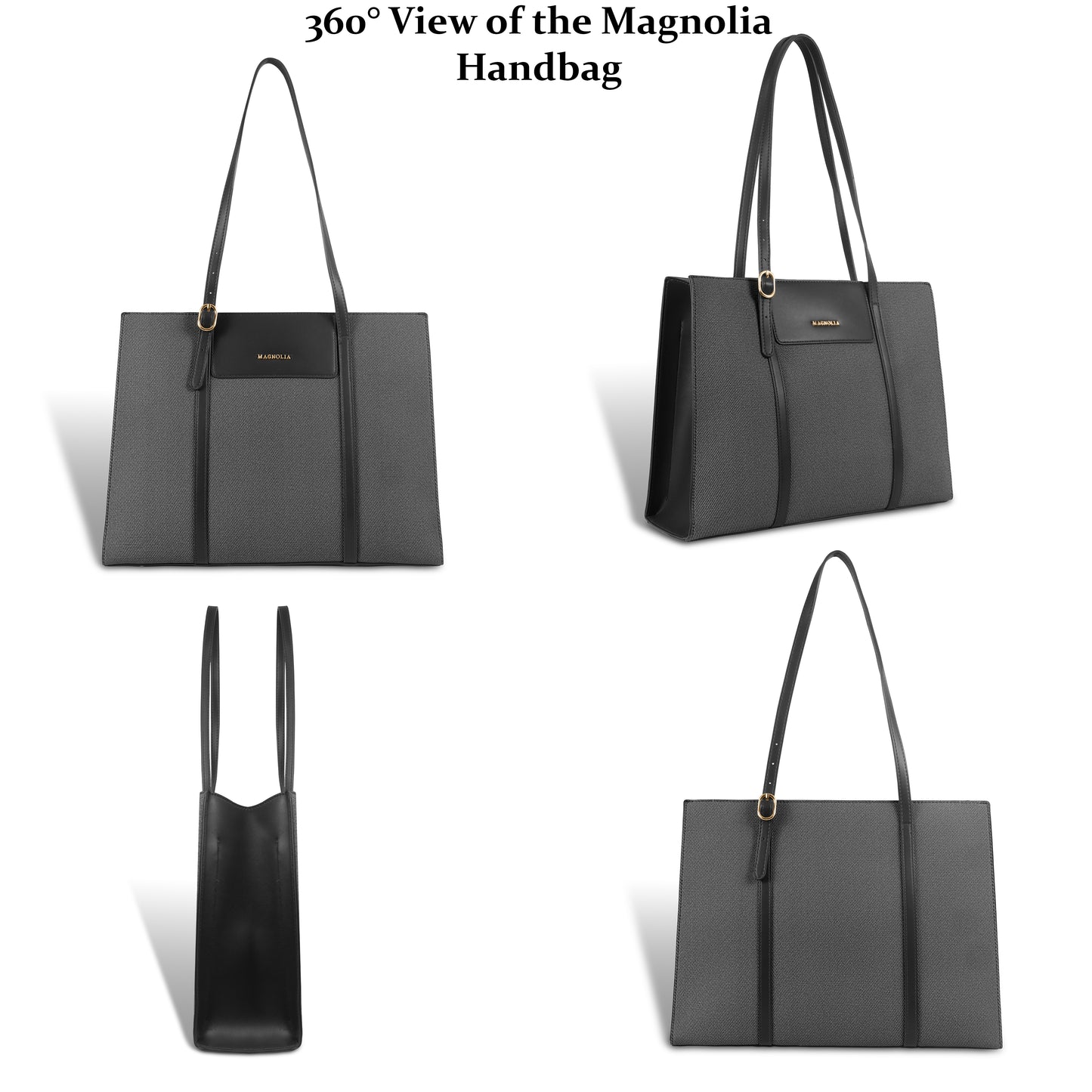 Magnolia Structured Black Tote Bag for Women | PU Leather & Fabric Combo | 12L Work & Everyday Handbag