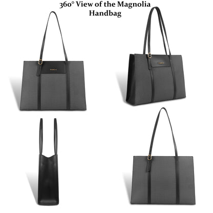 Magnolia Structured Black Tote Bag for Women | PU Leather & Fabric Combo | 12L Work & Everyday Handbag