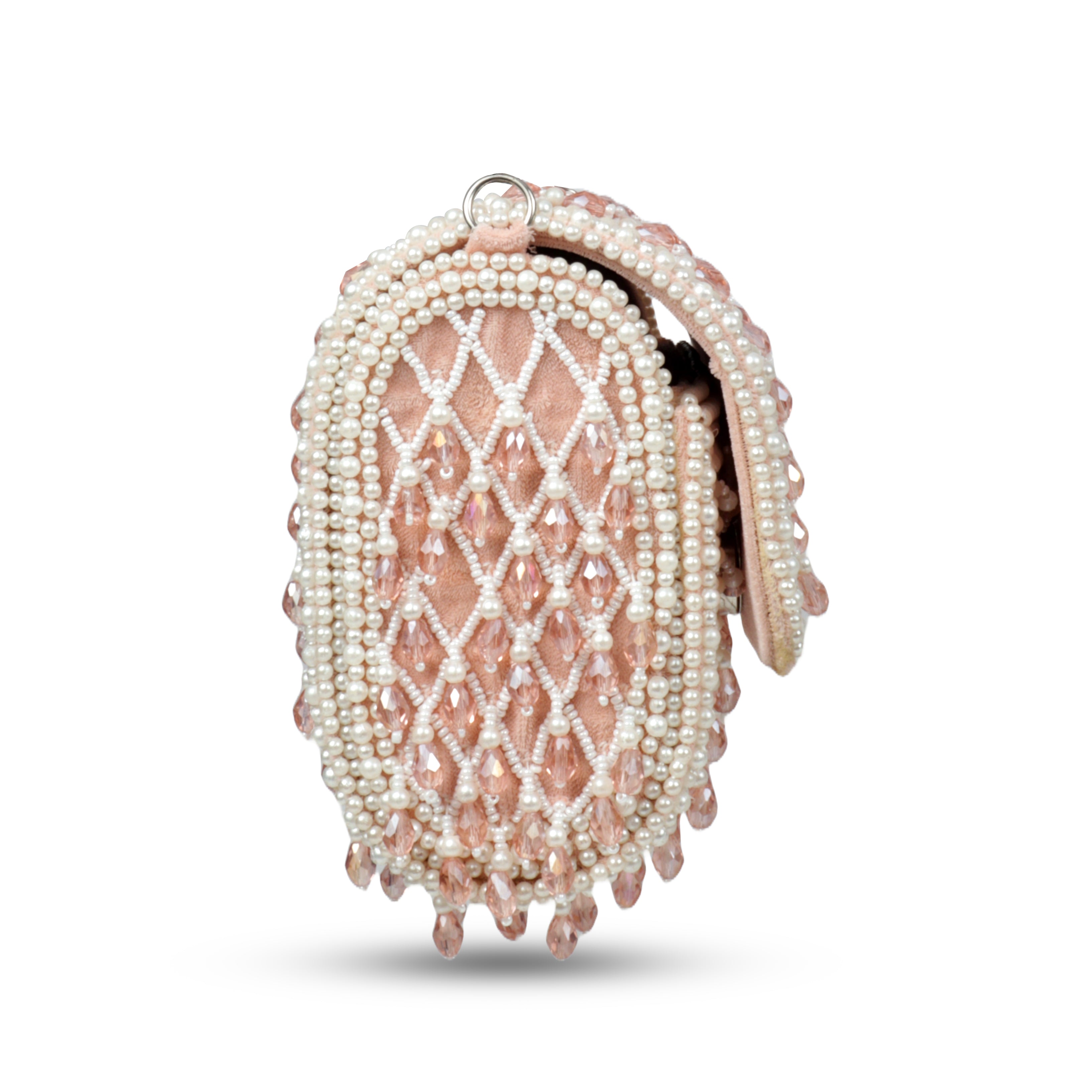 Magnolia Luxe Peach Pink Velvet Bridal & Party Clutch – Handcrafted Beaded Design, Detachable Handle, Spacious Interior