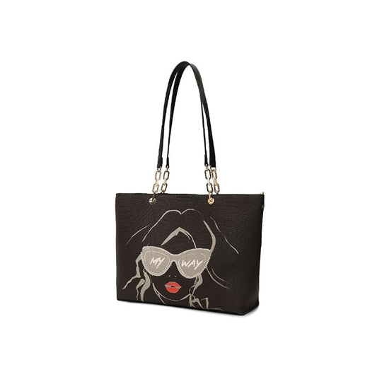 Magnolia Black PU Leather Printed One Size Women Tote
