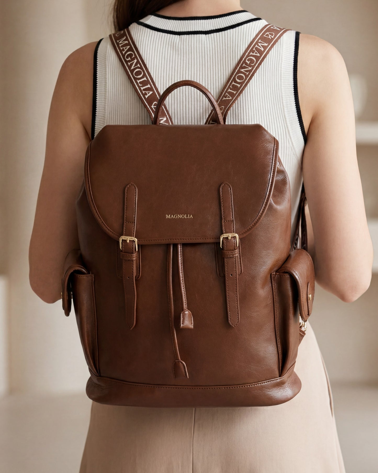 Magnolia PU Leather  Brown Backpack
