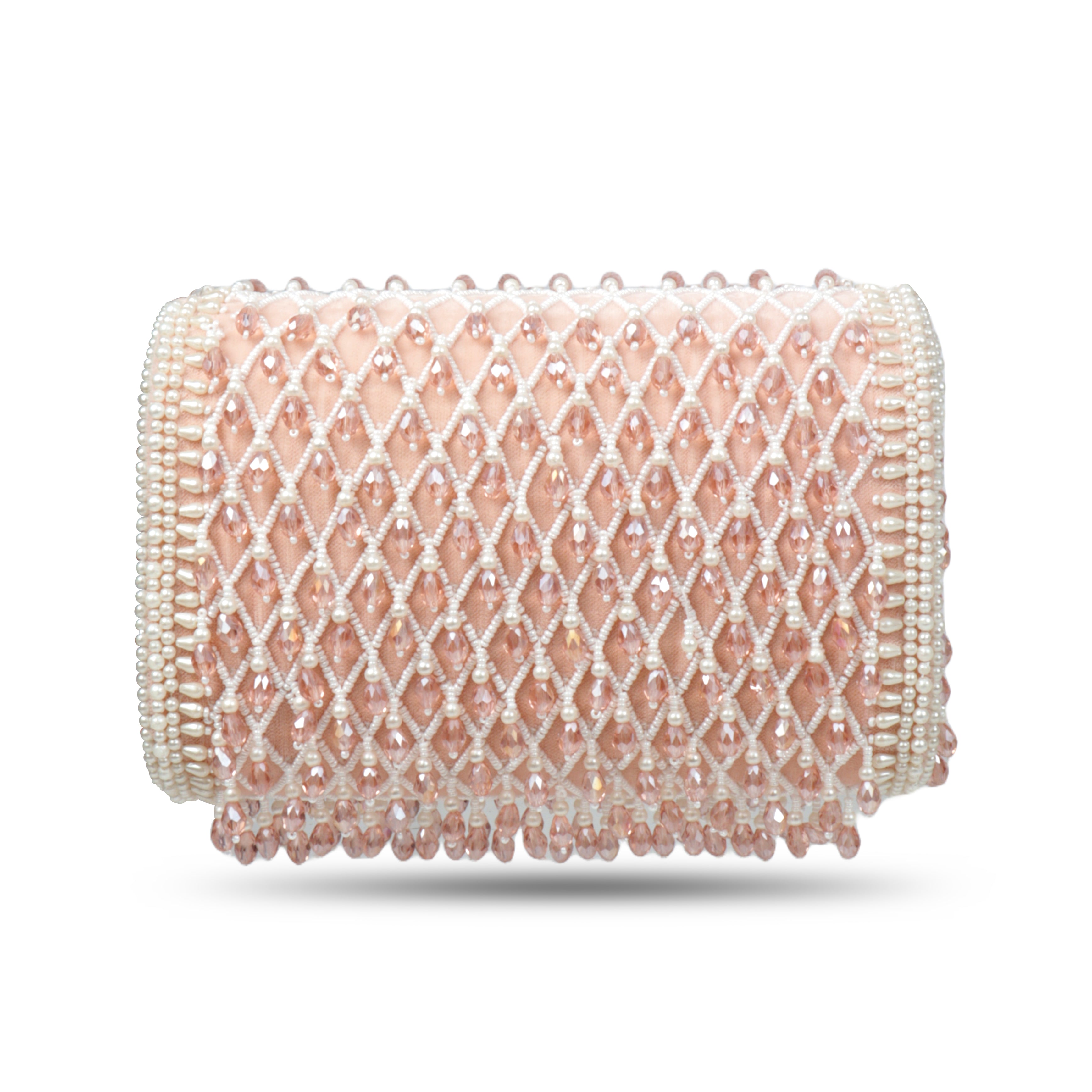 Magnolia Luxe Peach Pink Velvet Bridal & Party Clutch – Handcrafted Beaded Design, Detachable Handle, Spacious Interior