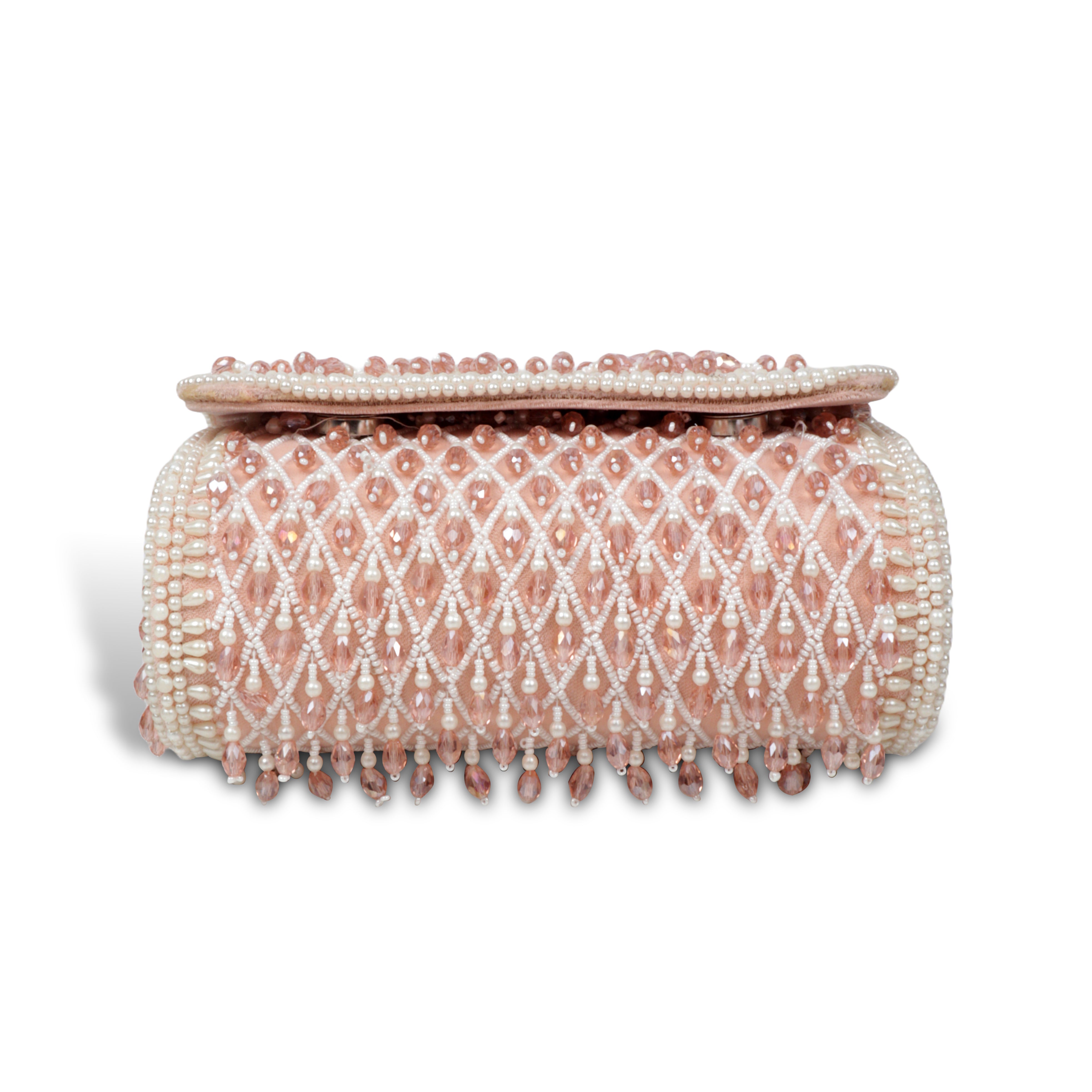 Magnolia Luxe Peach Pink Velvet Bridal & Party Clutch – Handcrafted Beaded Design, Detachable Handle, Spacious Interior