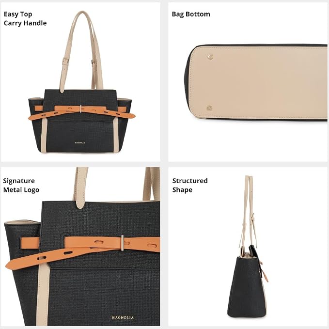 Magnolia PU Leather Women Black Tote Bag