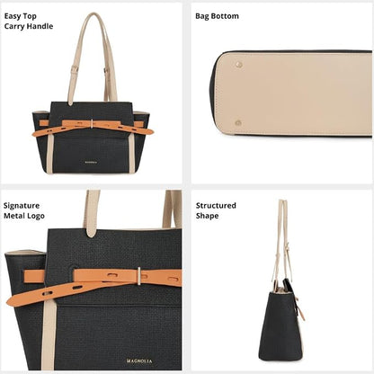 Magnolia PU Leather Women Black Tote Bag