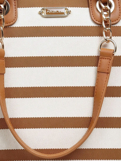 Magnolia PU Leather Women Striped Brown Tote Bag