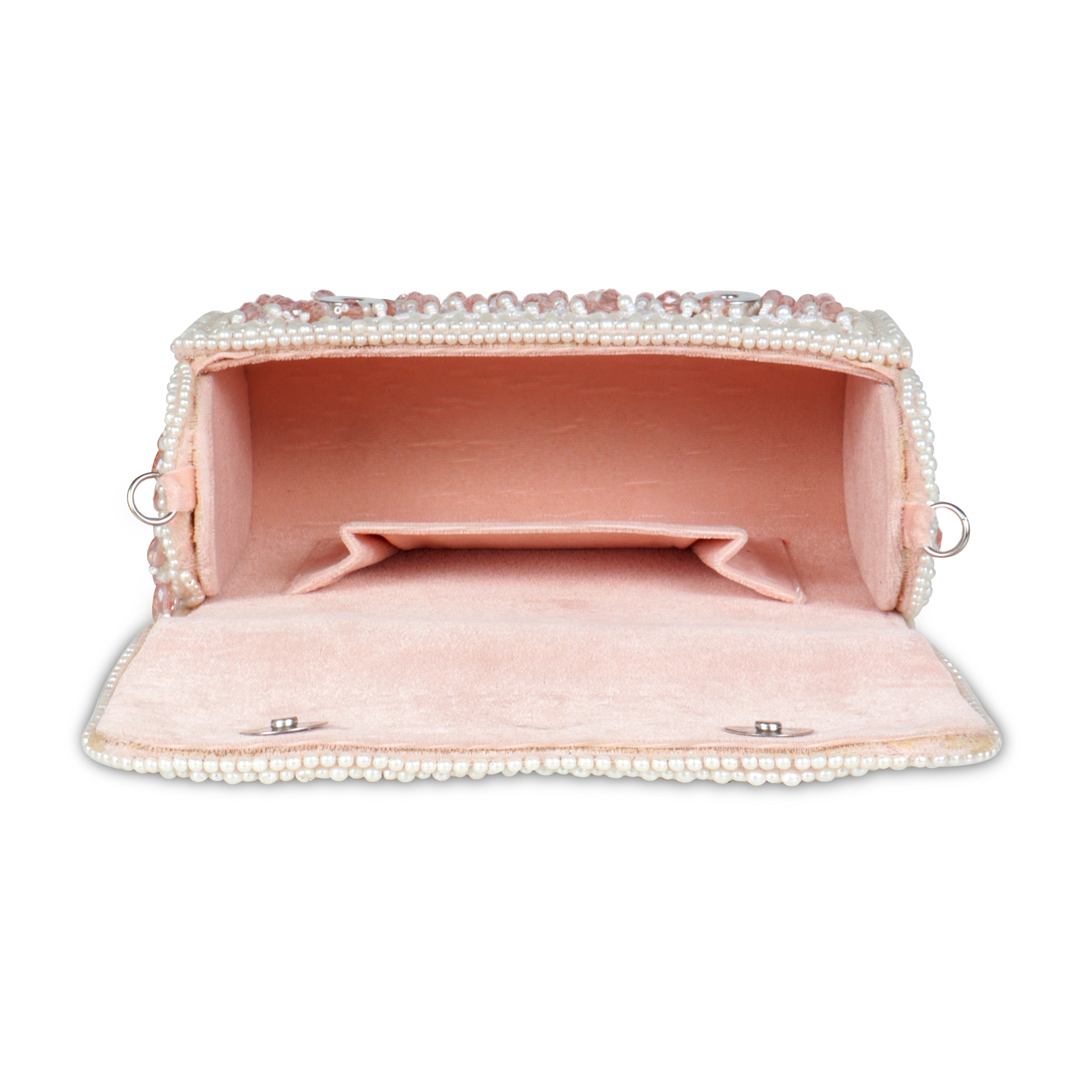Magnolia Luxe Peach Pink Velvet Bridal & Party Clutch – Handcrafted Beaded Design, Detachable Handle, Spacious Interior