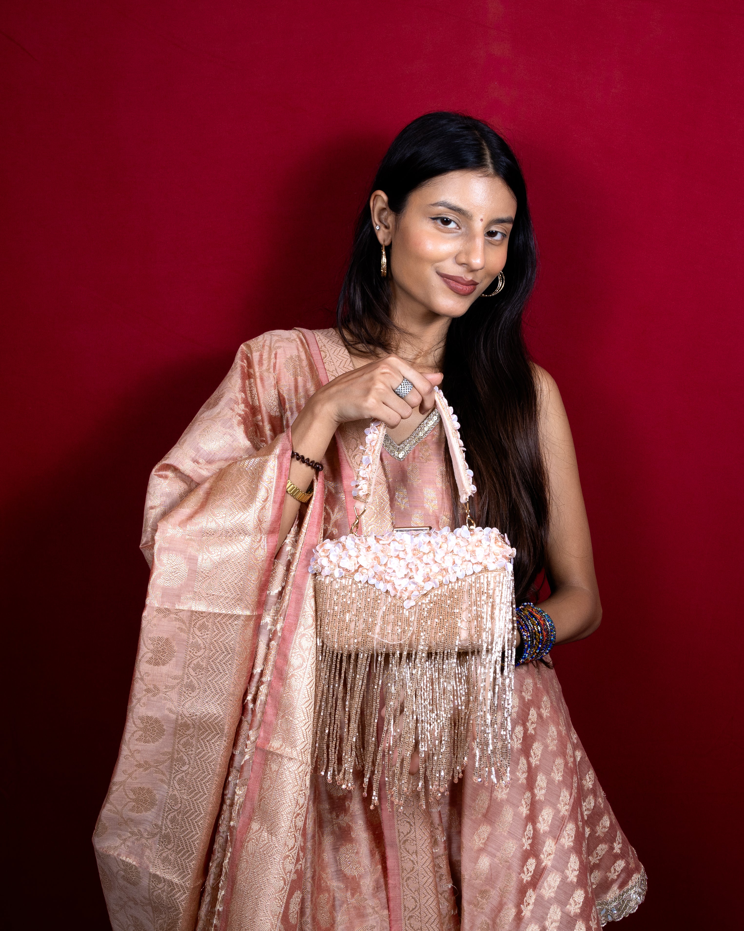 Magnolia-Luxe Peach Clutch with Embellished Fringe Detail