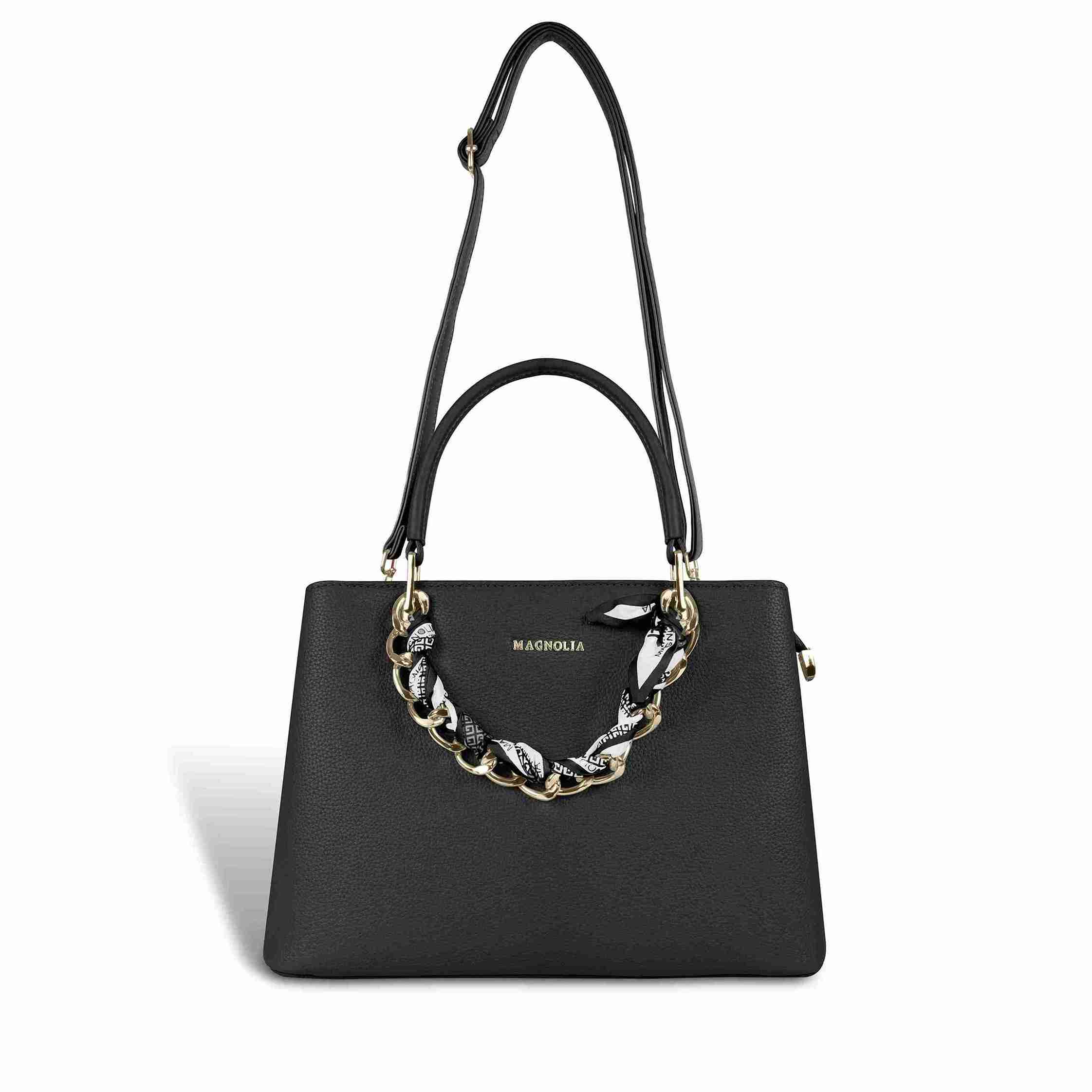 Magnolia Elegant Textured Handbag with Scarf Chain Handle – Black – Small Structured PU Leather Bag