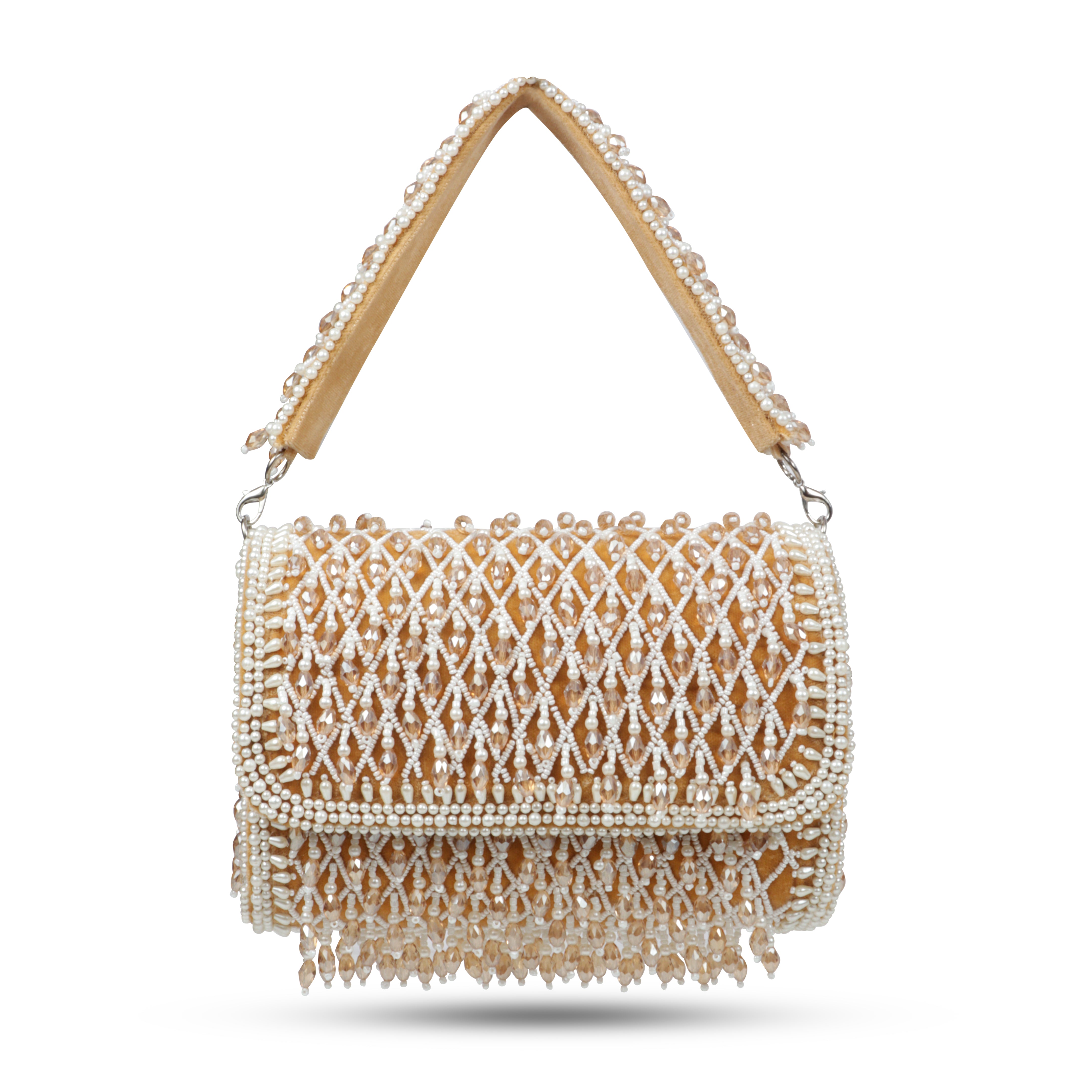Magnolia Luxe Champagne Beige Velvet Bridal & Party Clutch – Handcrafted Beaded Design, Detachable Handle, Spacious Interior
