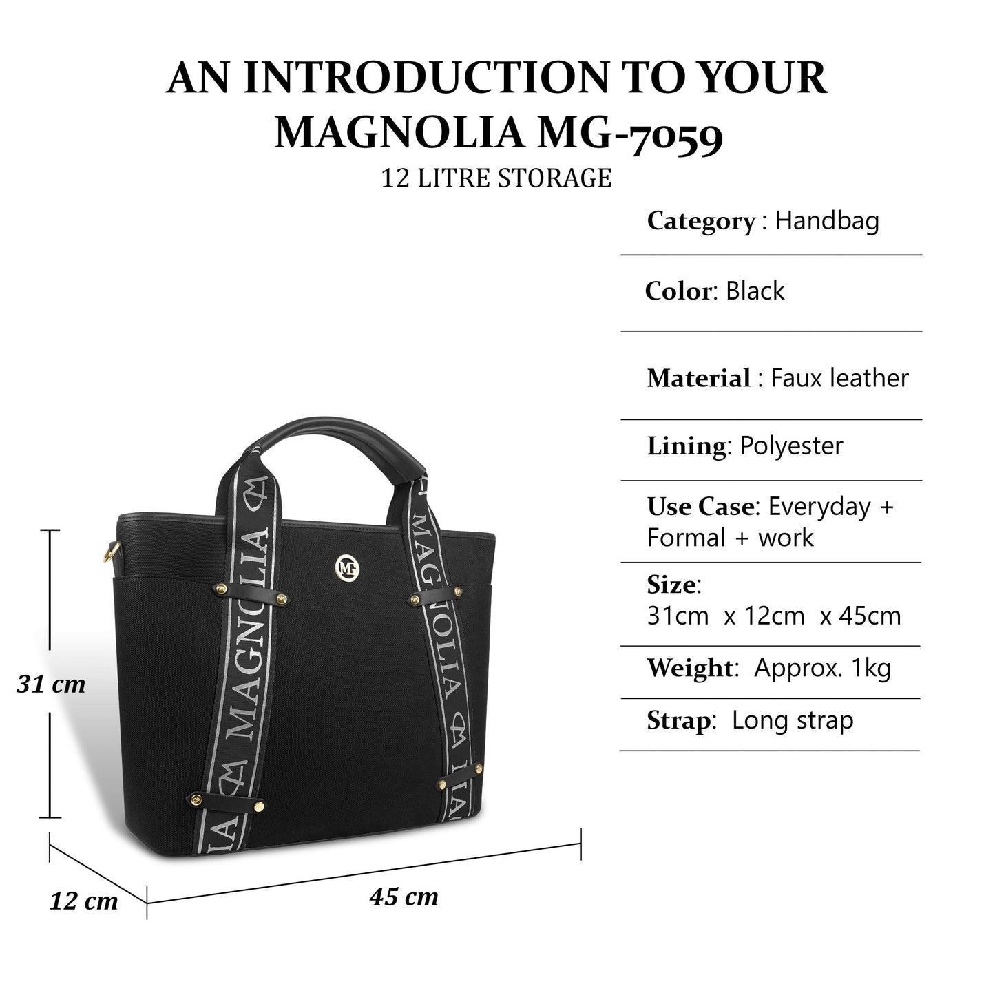 Magnolia® Vegan Leather Black Handbag – 15L Spacious Tote for Everyday & Work Use