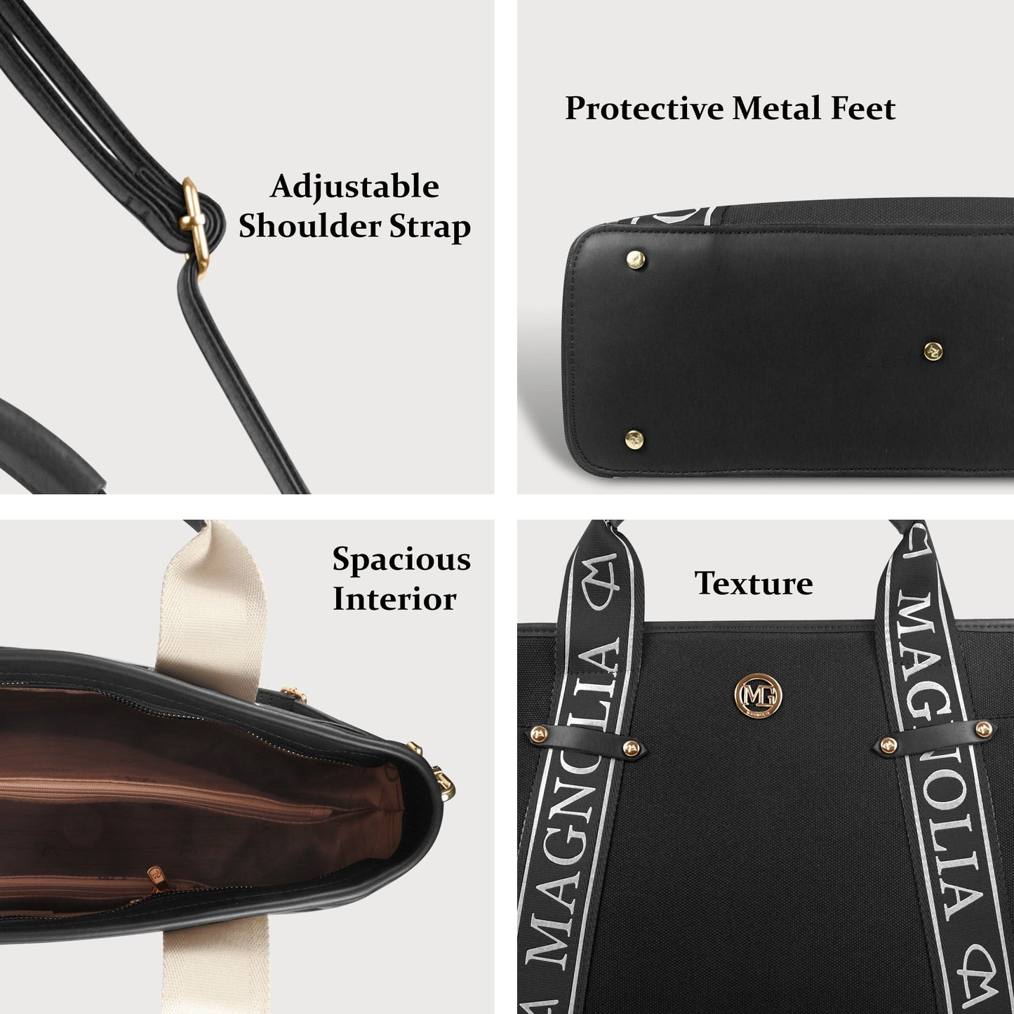 Magnolia® Vegan Leather Black Handbag – 15L Spacious Tote for Everyday & Work Use