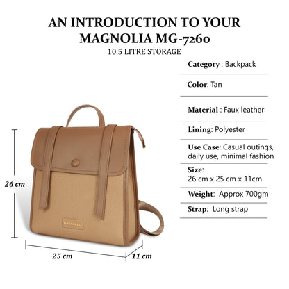 Magnolia Tan Vegan Leather Backpack for Women | 10.5L Stylish Casual Daypack with Long Strap