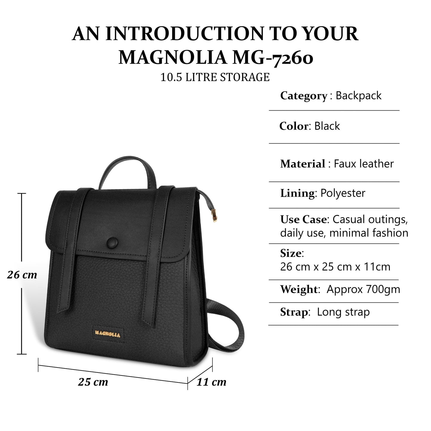 Magnolia Black Vegan Leather Backpack for Women | 10.5L Stylish Casual Daypack with Long Strap