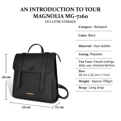 Magnolia Black Vegan Leather Backpack for Women | 10.5L Stylish Casual Daypack with Long Strap
