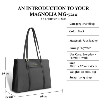 Magnolia Structured Black Tote Bag for Women | PU Leather & Fabric Combo | 12L Work & Everyday Handbag
