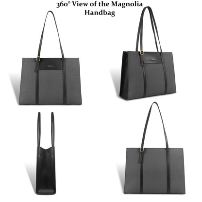 Magnolia Structured Black Tote Bag for Women | PU Leather & Fabric Combo | 12L Work & Everyday Handbag